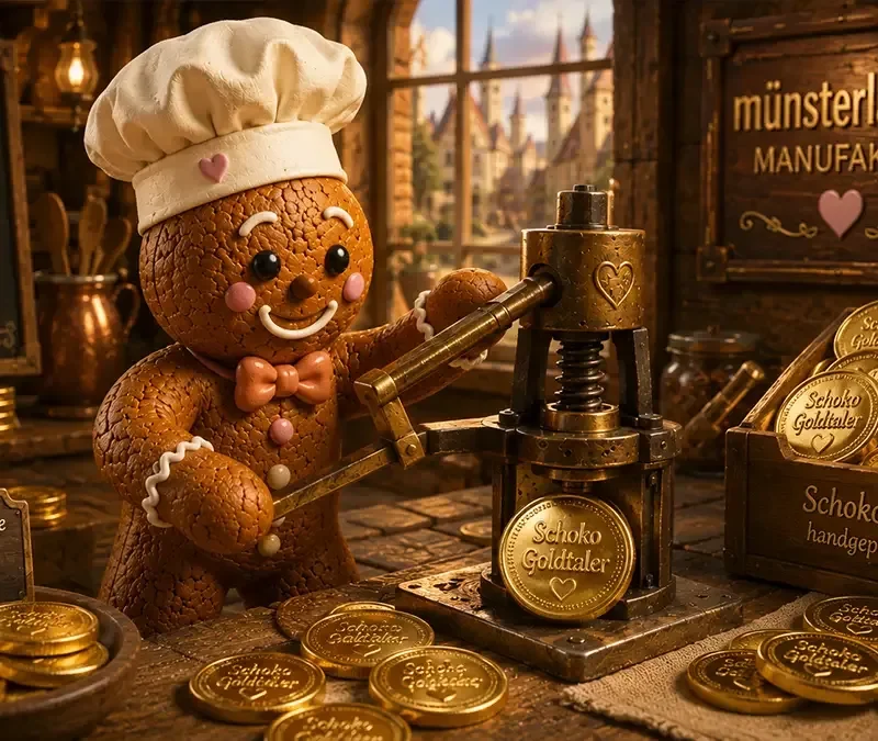 Muensterlaender marzipan manufaktur schokogoldtaler mit logo