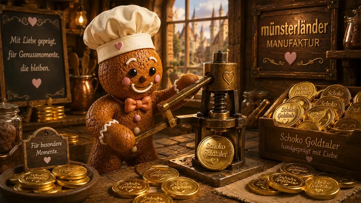 Muensterlaender marzipan manufaktur schokogoldtaler mit logo